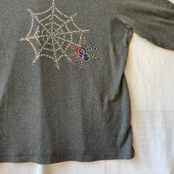 Quacker Factory Womens Shirt Spider Web Size Large Gray Grey Jersey Rhinestones - Picture 7 of 16